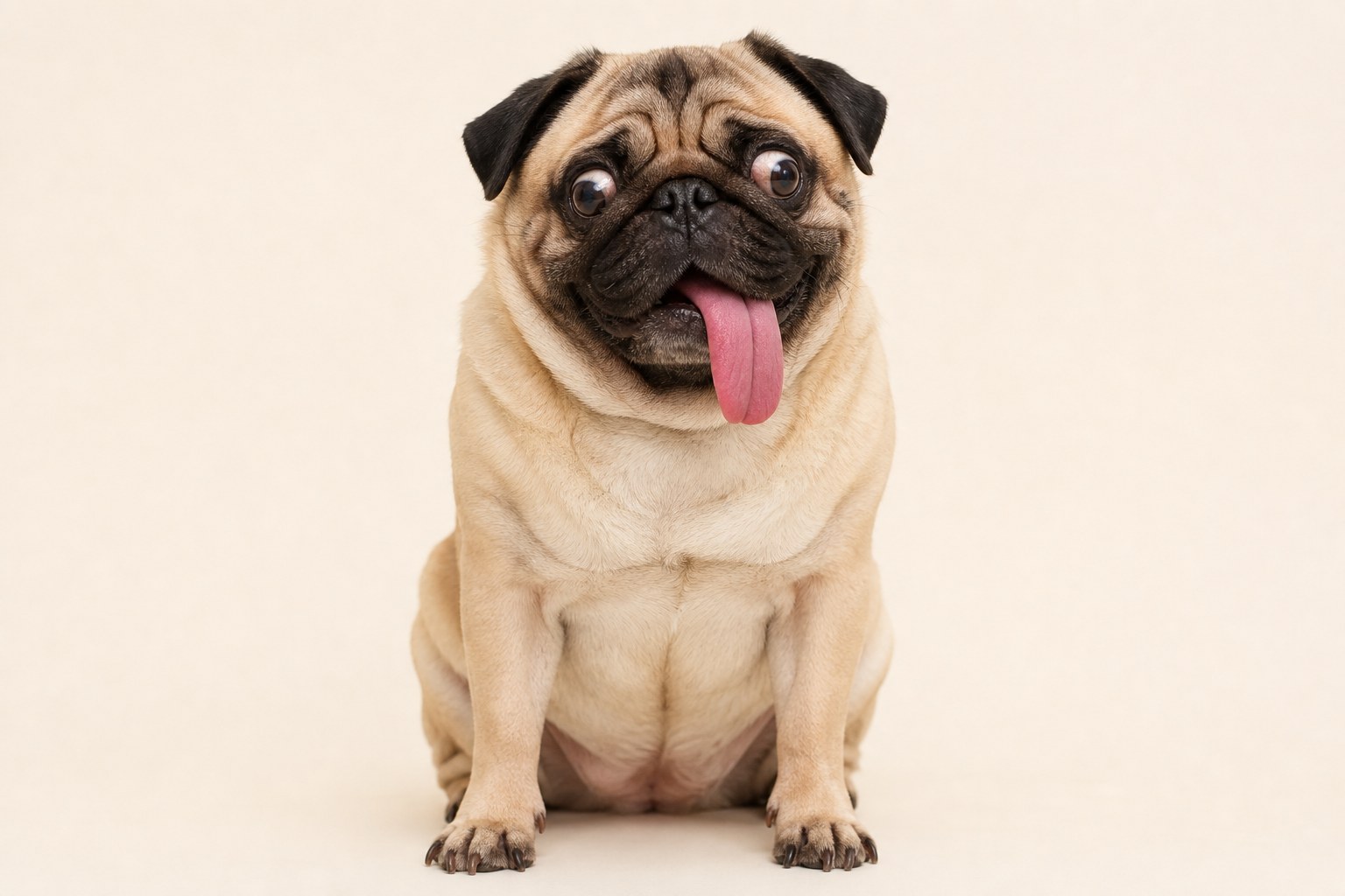 Wrinkled face, tongue out, and an expression of mild confusion: the Pug in its purest form.